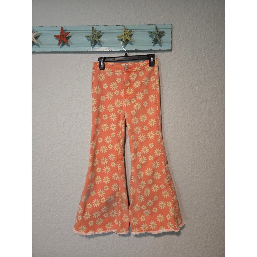 Free People We The Free Daisy Flare Jeans Orange Floral Bell Bottoms Size 26